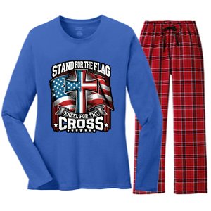 Stand The Flag And Cross Faith American Christian Cool Gift Women's Long Sleeve Flannel Pajama Set 