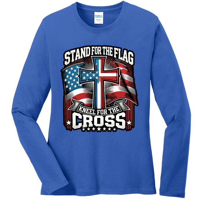 Stand The Flag And Cross Faith American Christian Cool Gift Ladies Long Sleeve Shirt