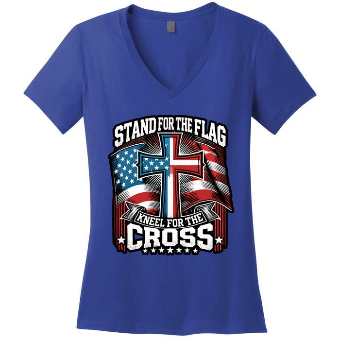 Stand The Flag And Cross Faith American Christian Cool Gift Women's V-Neck T-Shirt