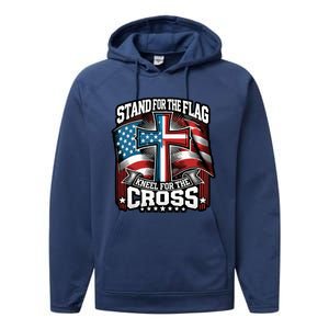 Stand The Flag And Cross Faith American Christian Cool Gift Performance Fleece Hoodie