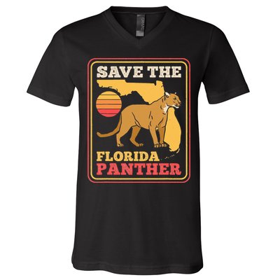 Save The Florida Panther Retro Wildlife Cougar V-Neck T-Shirt