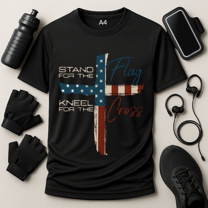 Stand The Flag And Cross Faith American Christian Great Gift Cooling Performance Crew T-Shirt