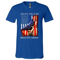 Salute The Flag Back The Badge Flag Police Hand V-Neck T-Shirt