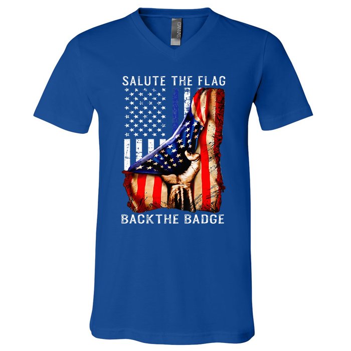 Salute The Flag Back The Badge Flag Police Hand V-Neck T-Shirt