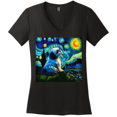 Shih Tzu Funny Dog Van Gogh Starry Night Cutes Funny Clothes Goods Gi Women's V-Neck T-Shirt