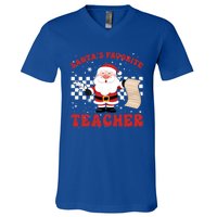 Santa Teacher Funny SantaS Favorite Teacher Christmas Pjs Gift V-Neck T-Shirt