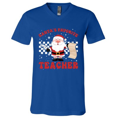 Santa Teacher Funny SantaS Favorite Teacher Christmas Pjs Gift V-Neck T-Shirt