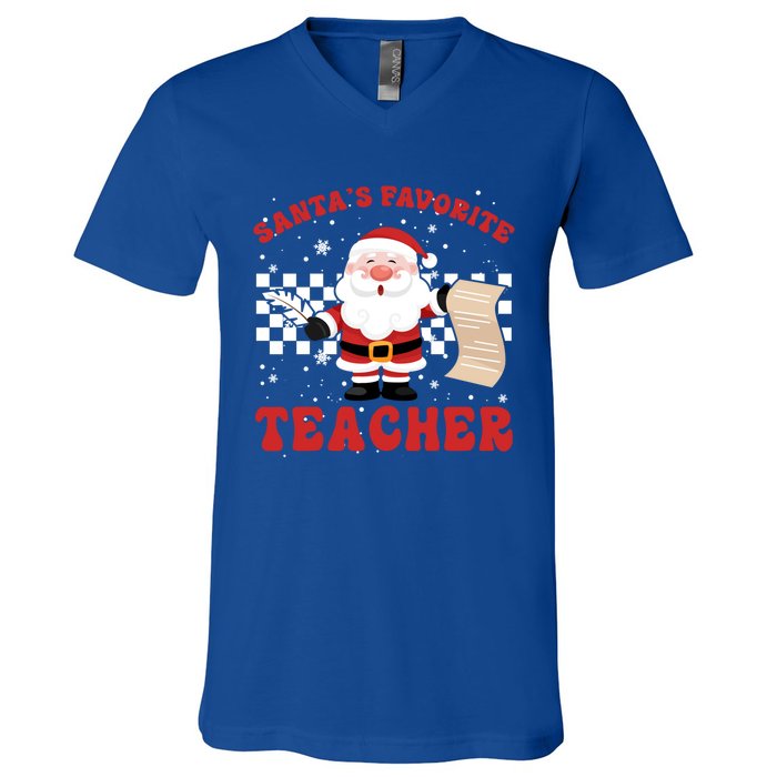 Santa Teacher Funny SantaS Favorite Teacher Christmas Pjs Gift V-Neck T-Shirt