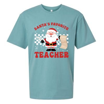 Santa Teacher Funny SantaS Favorite Teacher Christmas Pjs Gift Sueded Cloud Jersey T-Shirt