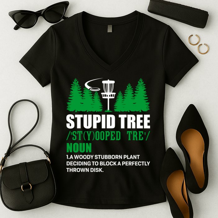 Stupid Tree Funny Disk Golf Definition Golfing Women's V-Neck T-Shirt
