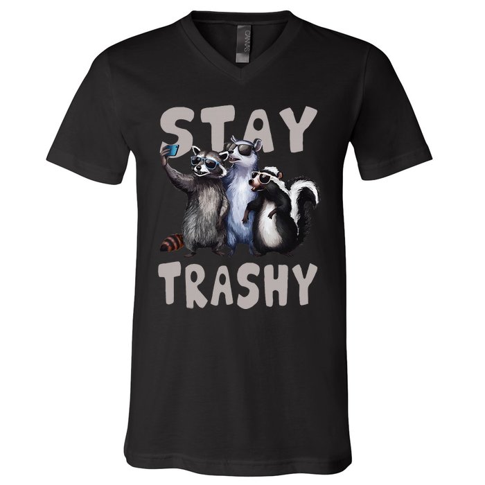 Stay Trashy Funny Raccoon Opossum Skunk V-Neck T-Shirt