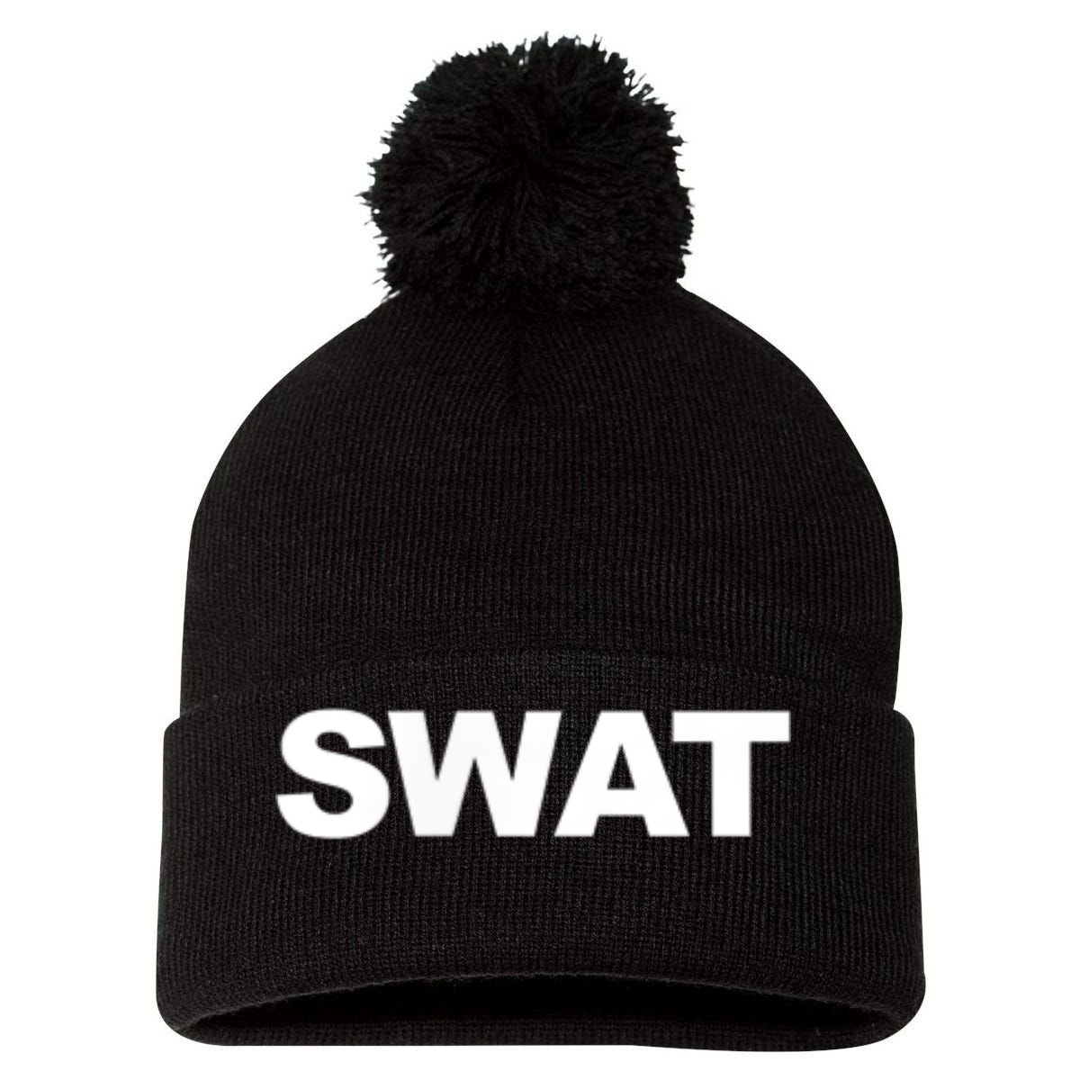 SWAT Team Front Back Print SWAT Team Pom Pom 12in Knit Beanie