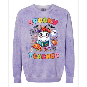 Spooky Teacher Groovy Retro Ghost Teacher Halloween 2024 Funny Gift Colorblast Crewneck Sweatshirt