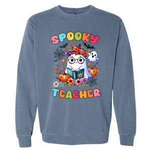 Spooky Teacher Groovy Retro Ghost Teacher Halloween 2024 Funny Gift Garment-Dyed Sweatshirt