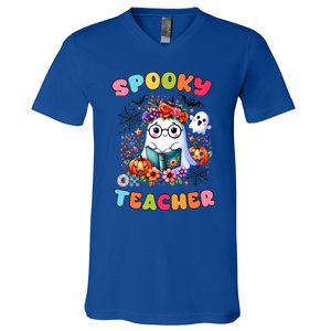 Spooky Teacher Groovy Retro Ghost Teacher Halloween 2024 Funny Gift V-Neck T-Shirt