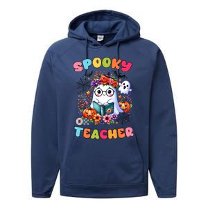 Spooky Teacher Groovy Retro Ghost Teacher Halloween 2024 Funny Gift Performance Fleece Hoodie