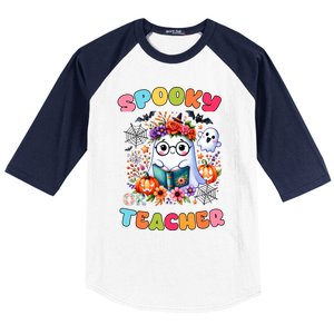 Spooky Teacher Groovy Retro Ghost Teacher Halloween 2024 Funny Gift Baseball Sleeve Shirt