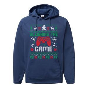 Sleighing The Game Ugly Christmas Sweater Gamer Video Game Gift Performance Fleece Hoodie