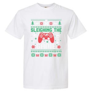 Sleighing The Game Ugly Christmas Sweater Gamer Video Game Gift Garment-Dyed Heavyweight T-Shirt