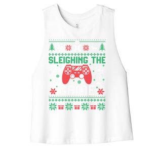 Sleighing The Game Ugly Christmas Sweater Gamer Video Game Gift Women's Racerback Cropped Tank