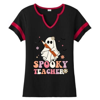 Spooky Teacher Ghost Halloween Groovy Retro Trick Or Treat Ladies Halftime Notch Neck Tee