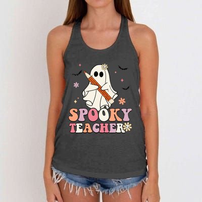 Spooky Teacher Ghost Halloween Groovy Retro Trick Or Treat Women's Knotted Racerback Tank