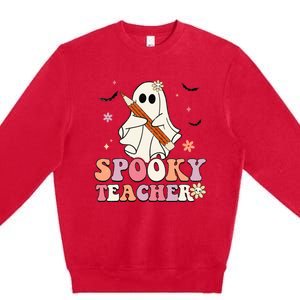 Spooky Teacher Ghost Halloween Groovy Retro Trick Or Treat Premium Crewneck Sweatshirt