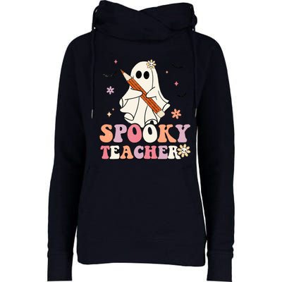 Spooky Teacher Ghost Halloween Groovy Retro Trick Or Treat Womens Funnel Neck Pullover Hood