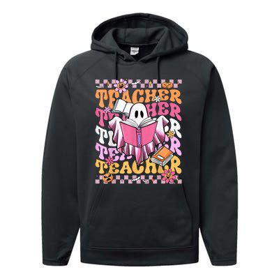 Spooky Teacher Ghost Halloween Groovy Retro Trick Or Teach Performance Fleece Hoodie