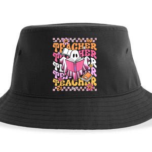 Spooky Teacher Ghost Halloween Groovy Retro Trick Or Teach Sustainable Bucket Hat