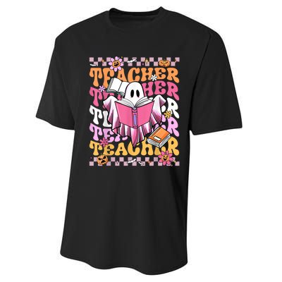 Spooky Teacher Ghost Halloween Groovy Retro Trick Or Teach Performance Sprint T-Shirt