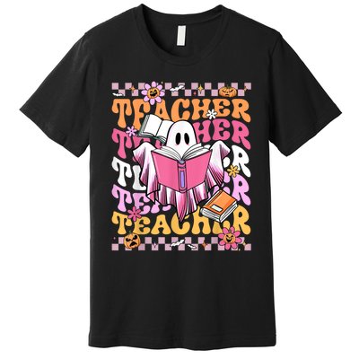 Spooky Teacher Ghost Halloween Groovy Retro Trick Or Teach Premium T-Shirt