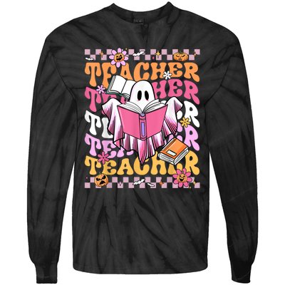 Spooky Teacher Ghost Halloween Groovy Retro Trick Or Teach Tie-Dye Long Sleeve Shirt