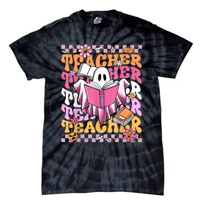 Spooky Teacher Ghost Halloween Groovy Retro Trick Or Teach Tie-Dye T-Shirt