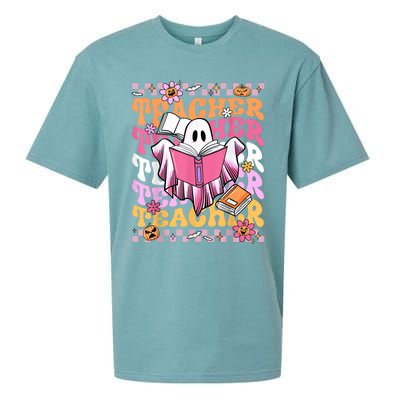 Spooky Teacher Ghost Halloween Groovy Retro Trick Or Teach Sueded Cloud Jersey T-Shirt