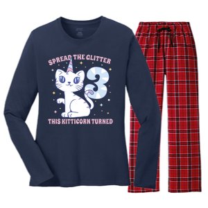 Spread The Glitter This Kitticorn Turned 3 Birthday Gift Women's Long Sleeve Flannel Pajama Set 