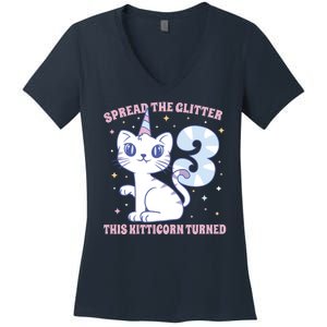 Spread The Glitter This Kitticorn Turned 3 Birthday Gift Women's V-Neck T-Shirt