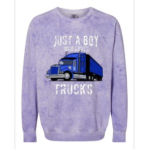 Semi Truck Gift Just A Boy Who Loves Trucks Colorblast Crewneck Sweatshirt