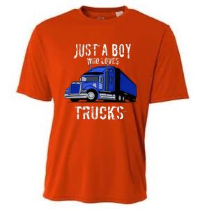 Semi Truck Gift Just A Boy Who Loves Trucks Cooling Performance Crew T-Shirt