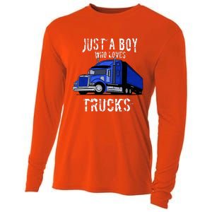 Semi Truck Gift Just A Boy Who Loves Trucks Cooling Performance Long Sleeve Crew