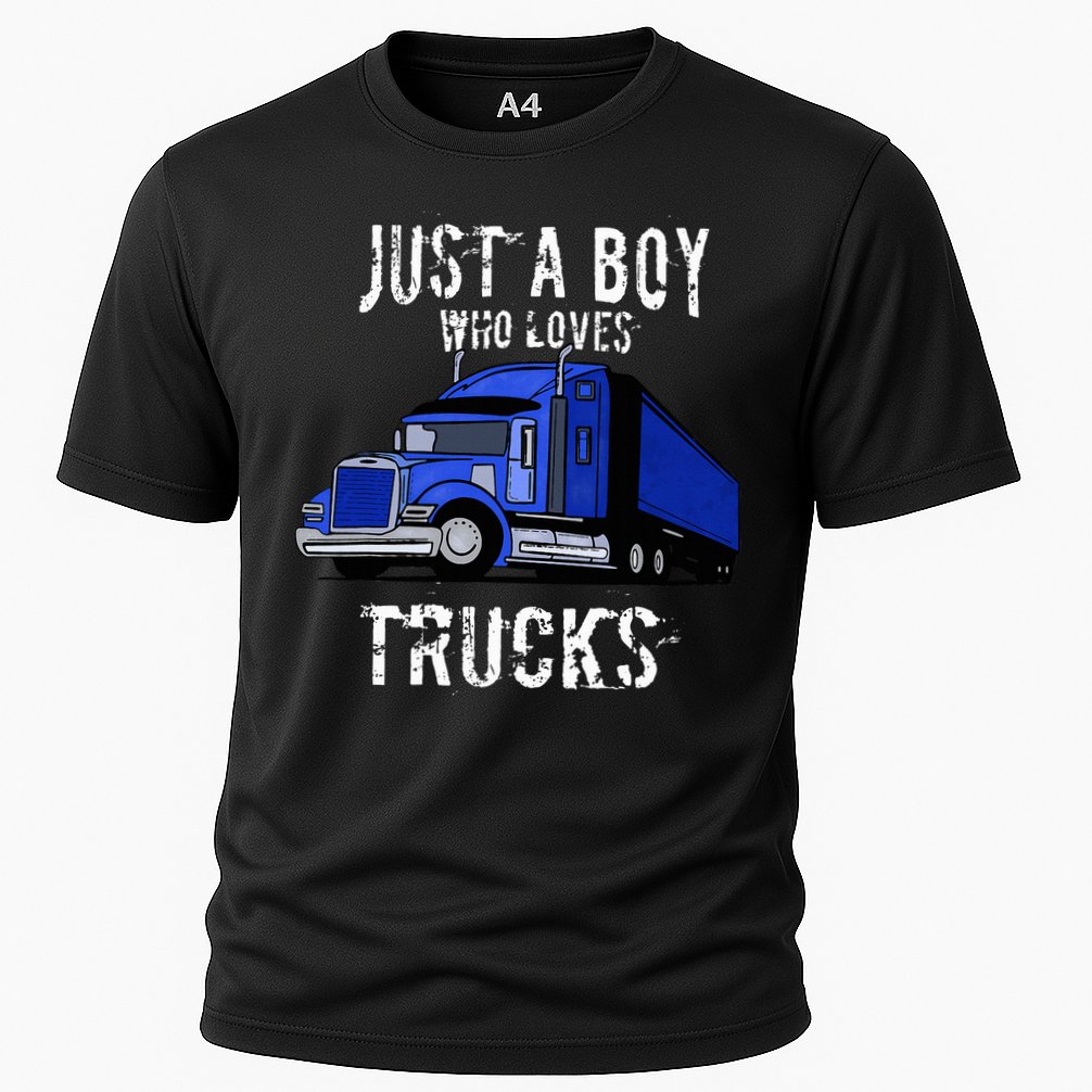 Semi Truck Gift Just A Boy Who Loves Trucks Cooling Performance Crew T-Shirt