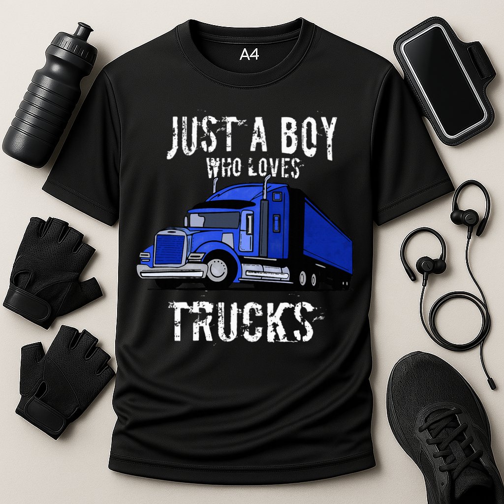 Semi Truck Gift Just A Boy Who Loves Trucks Cooling Performance Crew T-Shirt