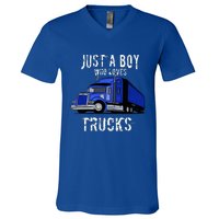 Semi Truck Gift Just A Boy Who Loves Trucks V-Neck T-Shirt