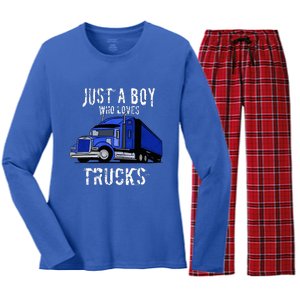 Semi Truck Gift Just A Boy Who Loves Trucks Women's Long Sleeve Flannel Pajama Set 