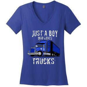 Semi Truck Gift Just A Boy Who Loves Trucks Women's V-Neck T-Shirt