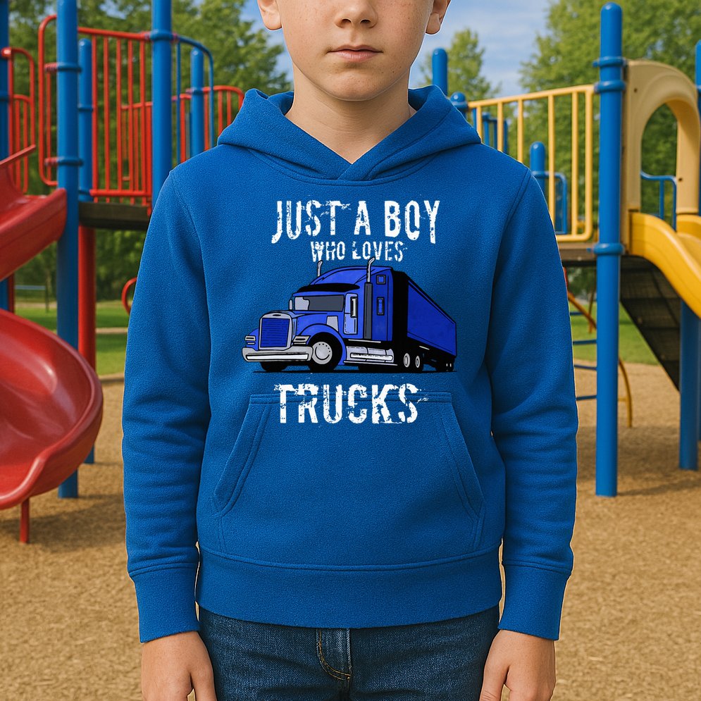 Semi Truck Gift Just A Boy Who Loves Trucks Kids Hoodie