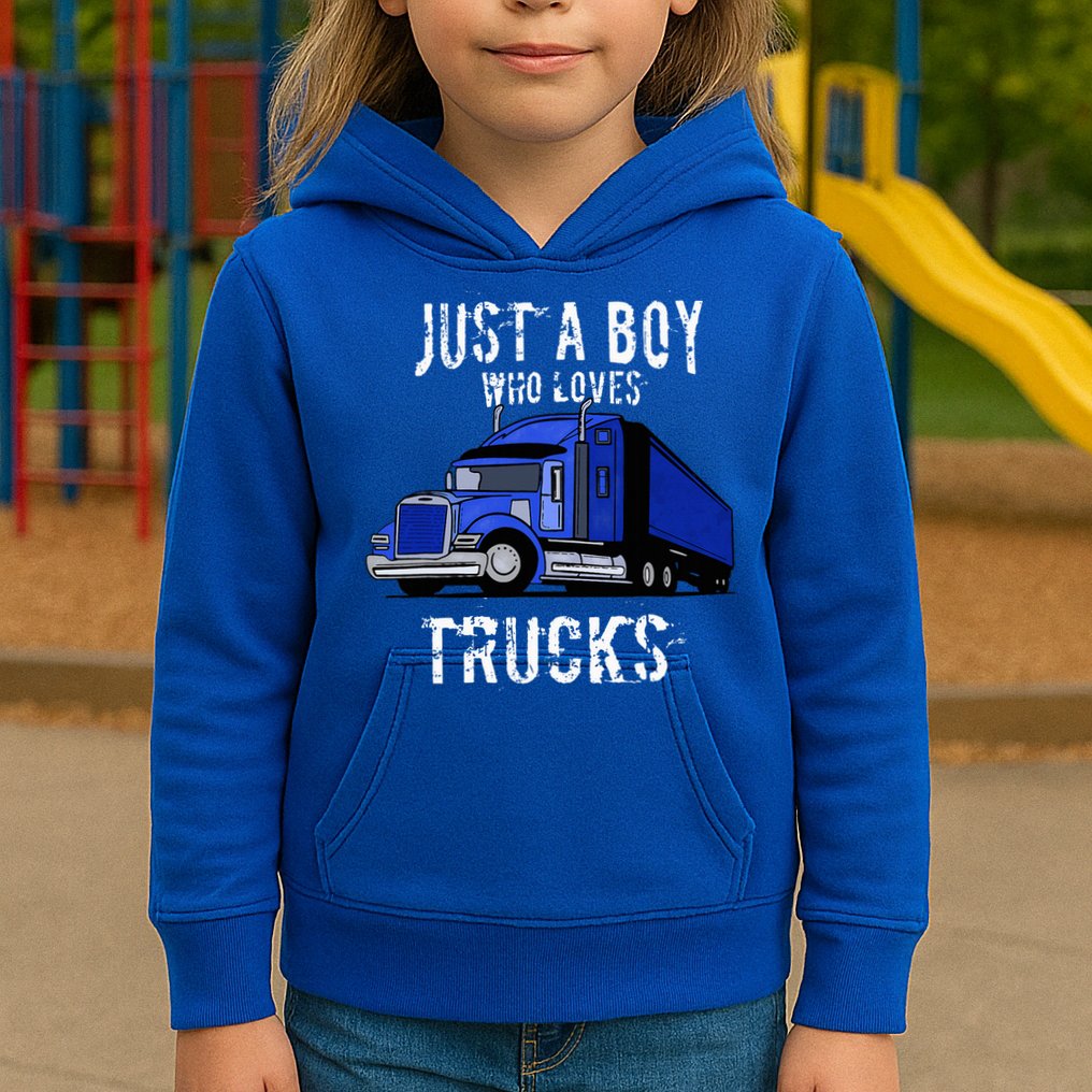 Semi Truck Gift Just A Boy Who Loves Trucks Kids Hoodie
