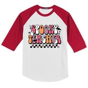 Spooky Teacher Groovy Trick Or Teach Halloween Teacher Gifts Kids Colorblock Raglan Jersey