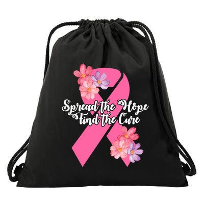 Spread The Hope Find The Cure Breast Cancer Floral Ribbon Drawstring Bag