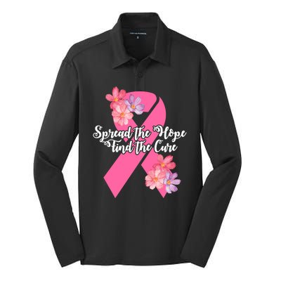 Spread The Hope Find The Cure Breast Cancer Floral Ribbon Silk Touch Performance Long Sleeve Polo